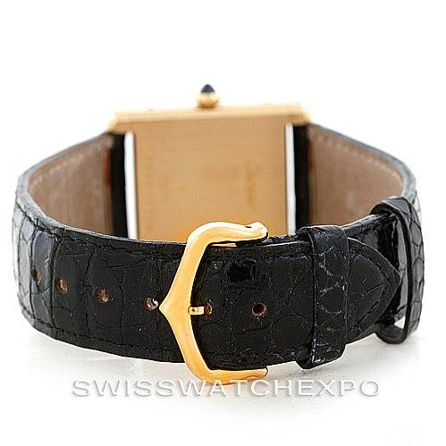 The image shows the back of the Cartier Tank Classic 7808613746 Men's Yellow Gold White Dial 7808613746 Men's Yellow Gold White Dial watch, focusing on the leather strap and gold buckle.