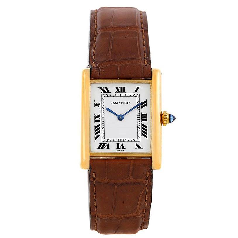 This image shows a front view of a Cartier Tank Classic Men
s Yellow Gold White Dial Men
s Yellow Gold White Dial watch with a rectangular gold case, white dial, Roman numerals, and a brown leather strap.