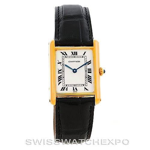 This image shows a front view of the Cartier Tank Classic Men's Yellow Gold Silver Dial Men's Yellow Gold Silver Dial watch with its rectangular face, Roman numerals, and leather strap.