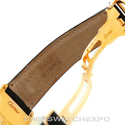 This image shows a close-up view of the clasp and inner leather strap of the Cartier Tank Classic Men's Yellow Gold Silver Dial Men's Yellow Gold Silver Dial watch.