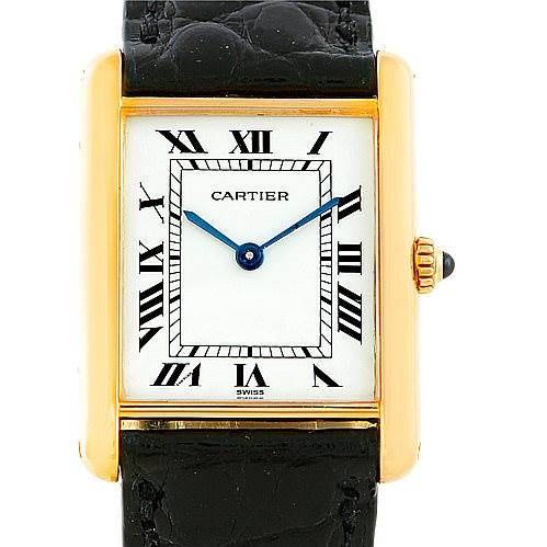 The Cartier Tank Classic Men's Yellow Gold White Dial Men's Yellow Gold White Dial watch is shown from the front, highlighting its square face, Roman numerals, gold case, and black leather strap.