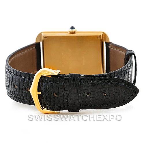 This image shows the Cartier Tank Classic Men's Yellow Gold White Dial Men's Yellow Gold White Dial model's back view, featuring its leather strap and gold buckle.