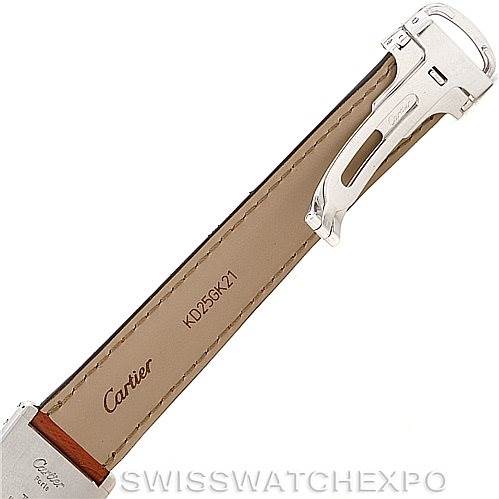 This image shows the back view of the leather strap and deployment buckle of a Cartier Tank Classic Men
s Platinum Silver Dial Men
s Platinum Silver Dial watch.