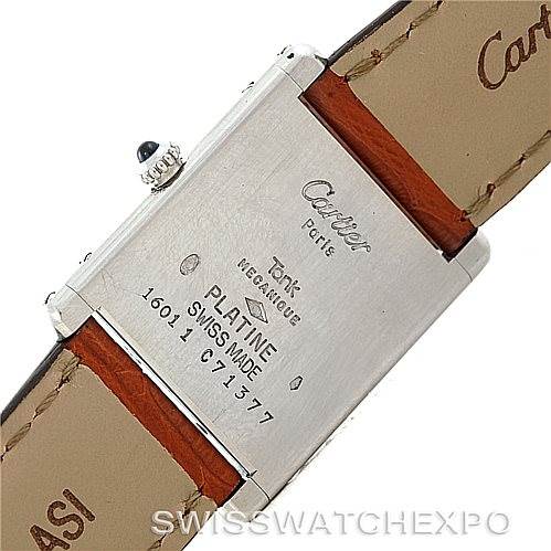 The image shows the back case of the Cartier Tank Classic Men
s Platinum Silver Dial Men
s Platinum Silver Dial watch, displaying inscriptions and the leather strap attachment.
