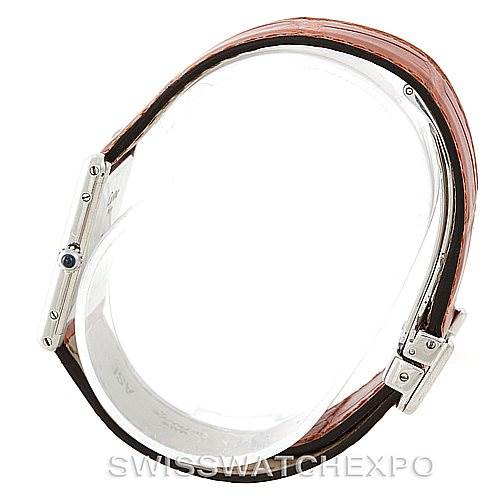 This image shows the side view of a Cartier Tank Classic Men
s Platinum Silver Dial Men
s Platinum Silver Dial model, highlighting the leather strap, case side, and clasp.