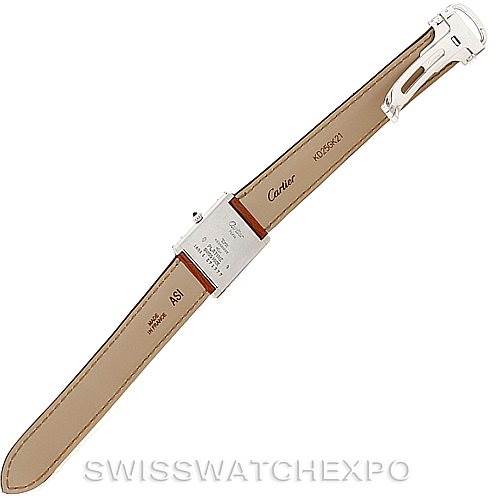 The image shows the back view of the Cartier Tank Classic Men
s Platinum Silver Dial Men
s Platinum Silver Dial watch, highlighting the leather strap and clasp.