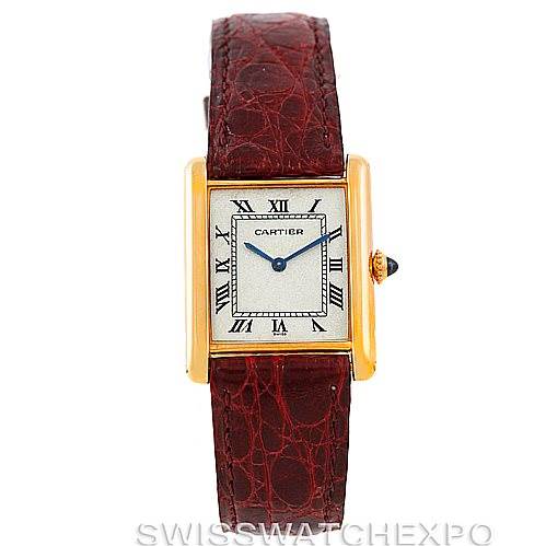 This image shows a front view of the Tank Classic model by Cartier, highlighting the watch face and strap.