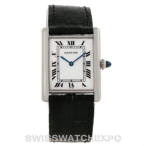 The image shows a Tank Classic model by Cartier viewed from the front, highlighting its rectangular face, black strap, and Roman numeral dial.