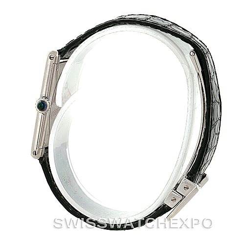 The image shows a side view of the Cartier Tank Classic Men's White Gold White Dial Men's White Gold White Dial watch, highlighting the strap, case side, and crown.