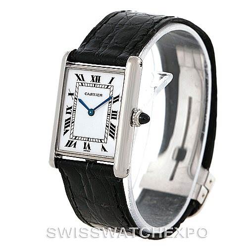 The image shows a Cartier Tank Classic Men's White Gold White Dial Men's White Gold White Dial watch at a three-quarter angle displaying the face, strap, and crown.