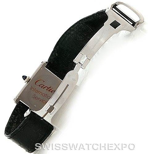 The image shows the rear angle of the Cartier Tank Classic Men's White Gold White Dial Men's White Gold White Dial model, featuring its clasp and black leather strap.