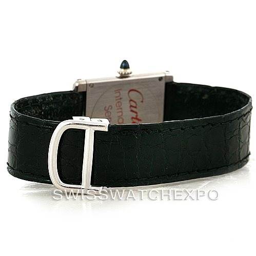 The image shows the back view of a Cartier Tank Classic Men's White Gold White Dial Men's White Gold White Dial watch, focusing on the strap and clasp with the prominent brand name.