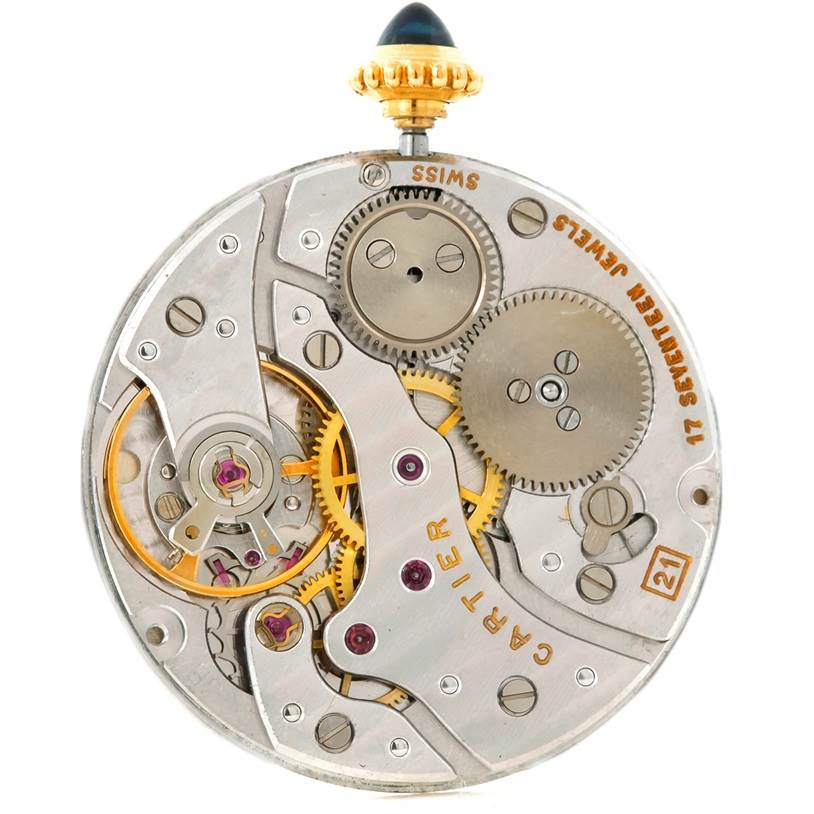 The image shows the internal mechanical movement of the Cartier Tank Classic Men's Yellow Gold Beige Dial Men's Yellow Gold Beige Dial watch viewed from the back.