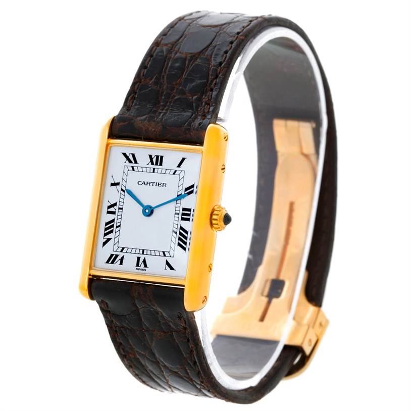 This Cartier Tank Classic 810521619 Yellow Gold White Dial 810521619 Yellow Gold White Dial watch is shown from an angled front view highlighting its face, dial, and leather strap.