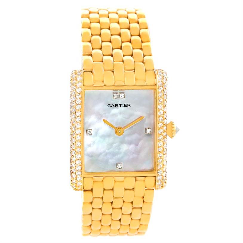 The image shows a Cartier Tank Classic Women's Yellow Gold Mother of Pearl Dial Women's Yellow Gold Mother of Pearl Dial watch from a front angle, featuring a gold band and a diamond-studded bezel.
