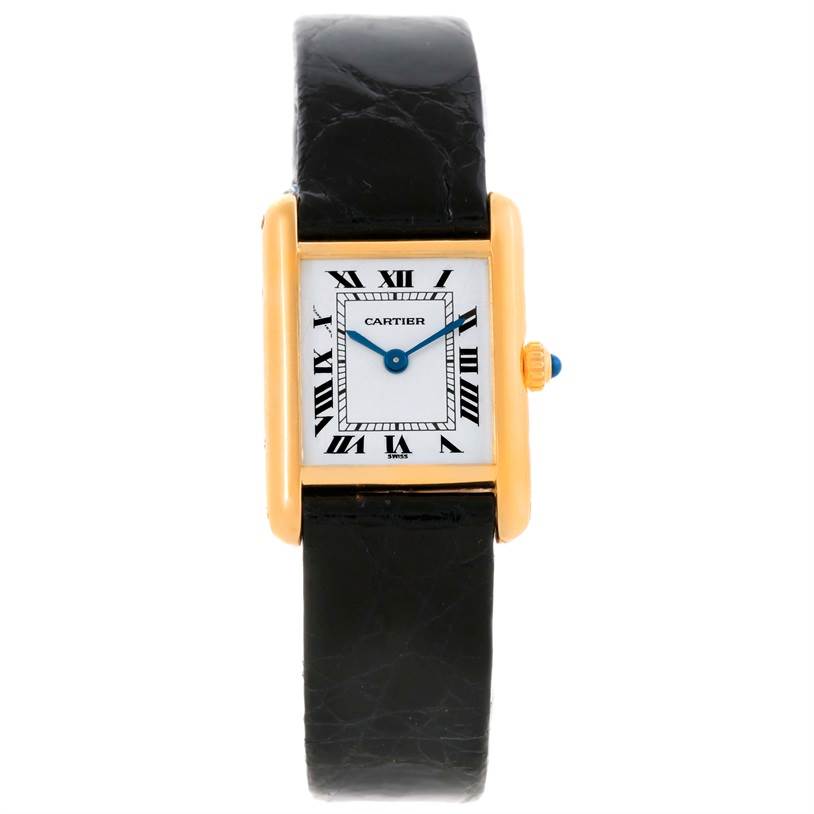 This image shows the Cartier Tank Classic Women's Yellow Gold White Dial Women's Yellow Gold White Dial model watch from a front angle, displaying the face, case, and strap.