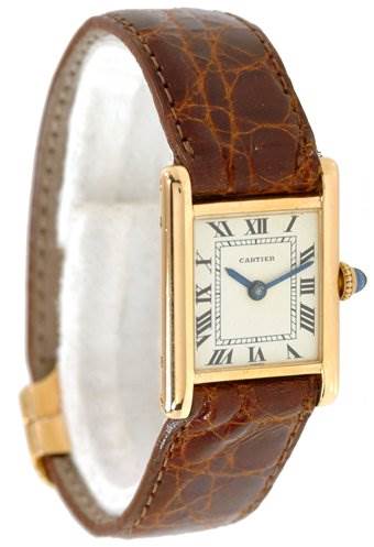 The image shows a Cartier Tank Classic Women's Yellow Gold White Dial Women's Yellow Gold White Dial watch from an oblique angle, highlighting its square dial and brown leather strap.