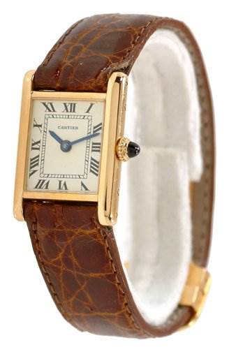 The image shows a Cartier Tank Classic Women's Yellow Gold White Dial Women's Yellow Gold White Dial watch at an angle displaying the face, crown, and brown leather strap.