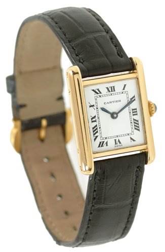 The Cartier Tank Classic Women's Yellow Gold White Dial Women's Yellow Gold White Dial watch is shown at a slight angle highlighting the face, black leather strap, and gold-colored case.