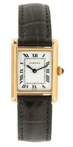 This image shows a straight-on view of a Cartier Tank Classic Women's Yellow Gold White Dial Women's Yellow Gold White Dial watch, highlighting its face, rectangular case, and leather strap.