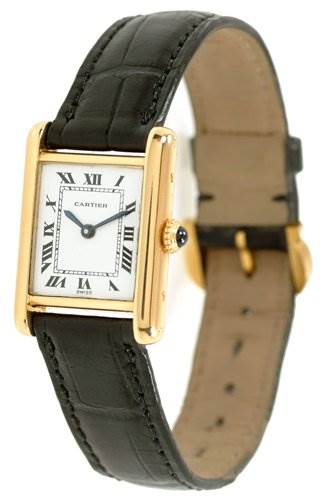The image shows a Tank Classic watch by Cartier, featuring a partial side view with its black leather strap and rectangular face visible.