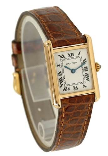 The image shows a Cartier Tank Classic Women's Yellow Gold White Dial Women's Yellow Gold White Dial watch from a slight side angle, highlighting the rectangular face, Roman numerals, and leather strap.