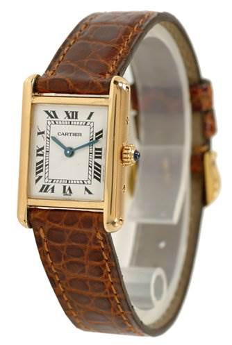 The image shows a Cartier Tank Classic Women's Yellow Gold White Dial Women's Yellow Gold White Dial watch at a slight angle, revealing its face, side, and brown leather strap.