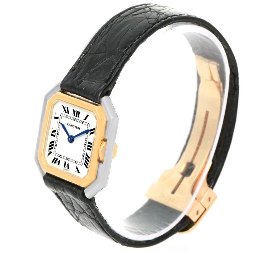 The image shows a Cartier Tank Classic Women's Yellow Gold White Dial Women's Yellow Gold White Dial model watch at a slight perspective angle, highlighting its face and black leather strap.