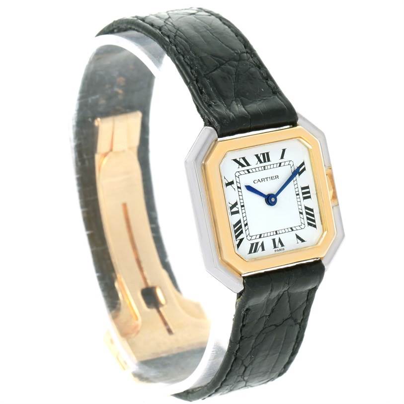 The Cartier Tank Classic Women's Yellow Gold White Dial Women's Yellow Gold White Dial watch is shown at a three-quarter angle, highlighting its face, strap, and buckle.