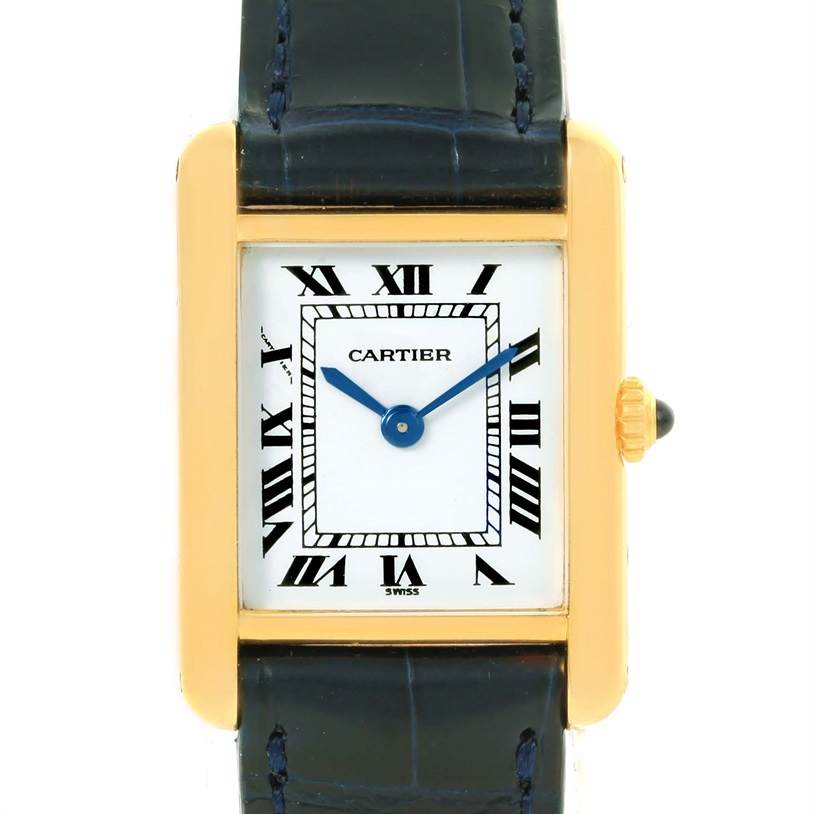 This image shows a front view of a Cartier Tank Classic Women's Yellow Gold White Dial Women's Yellow Gold White Dial watch, highlighting its rectangular face, Roman numerals, and leather strap.