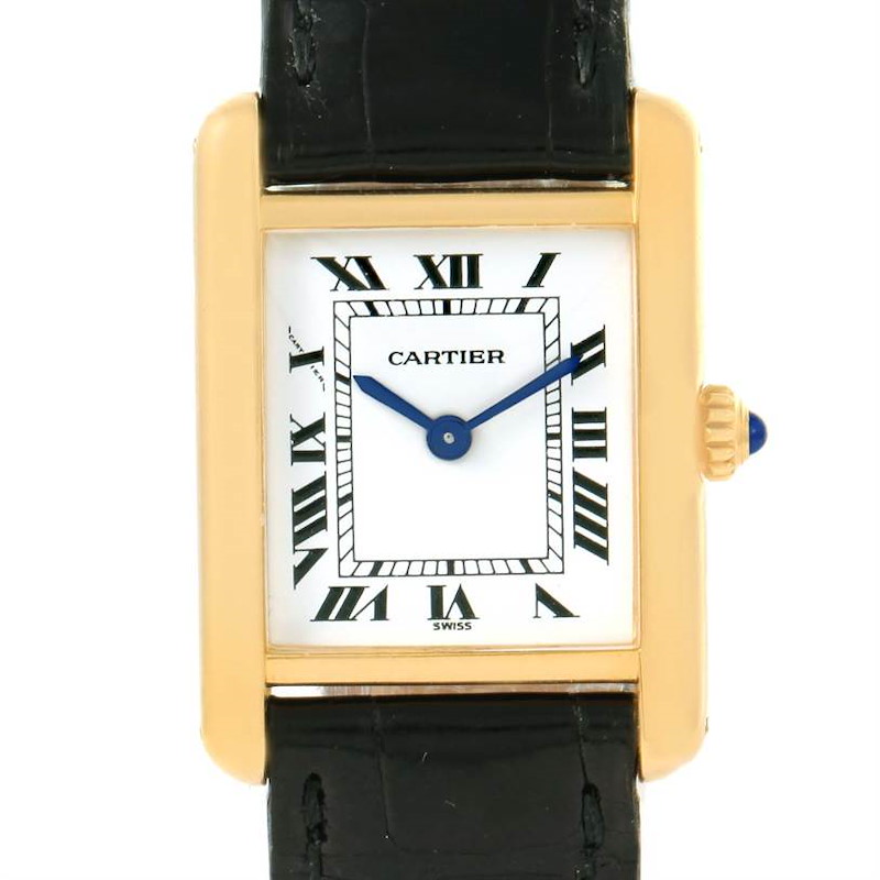 This image shows a front view of the Cartier Tank Classic watch, highlighting its gold case, Roman numerals, and black leather strap.