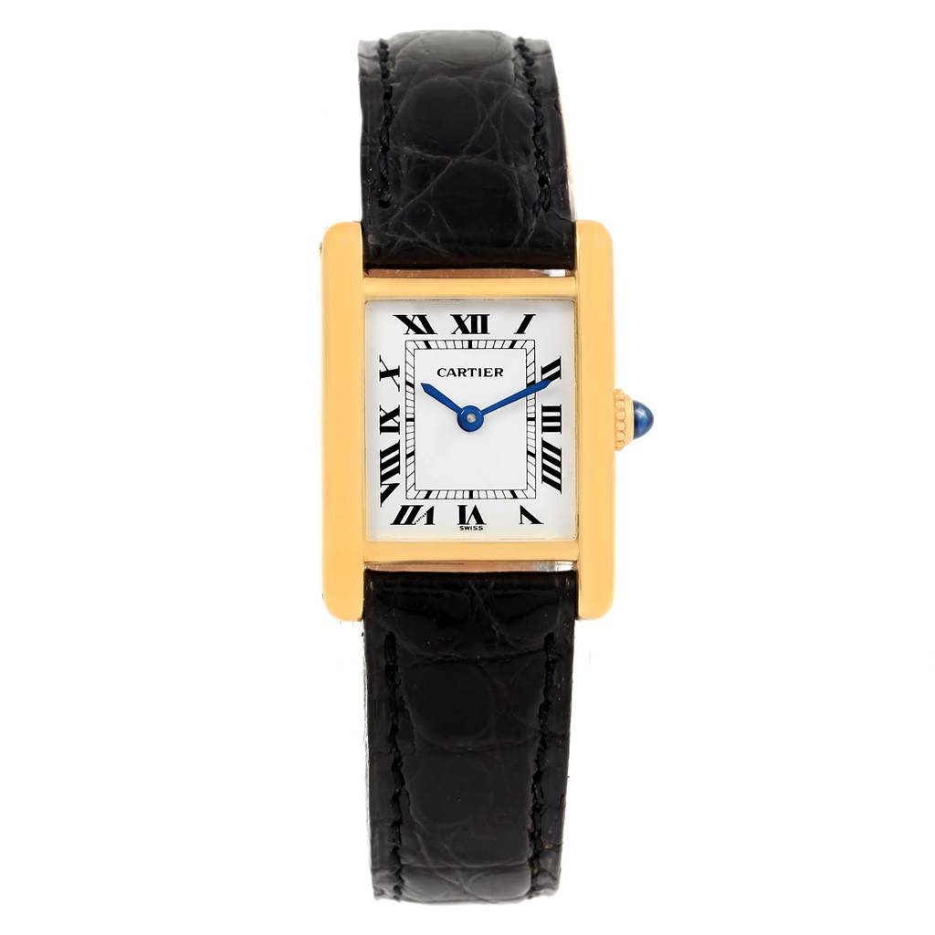 This image shows a frontal view of the Cartier Tank Classic Women's Yellow Gold White Dial Women's Yellow Gold White Dial watch, highlighting its rectangular gold case, white dial, and black leather strap.