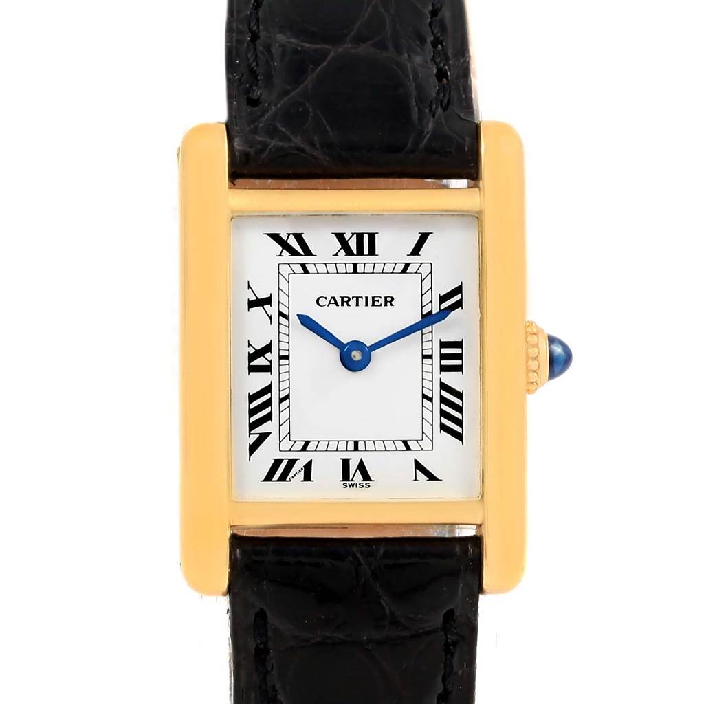 This image shows a front view of a Cartier Tank Classic Women's Yellow Gold White Dial Women's Yellow Gold White Dial watch, featuring its square dial, Roman numerals, and leather strap.