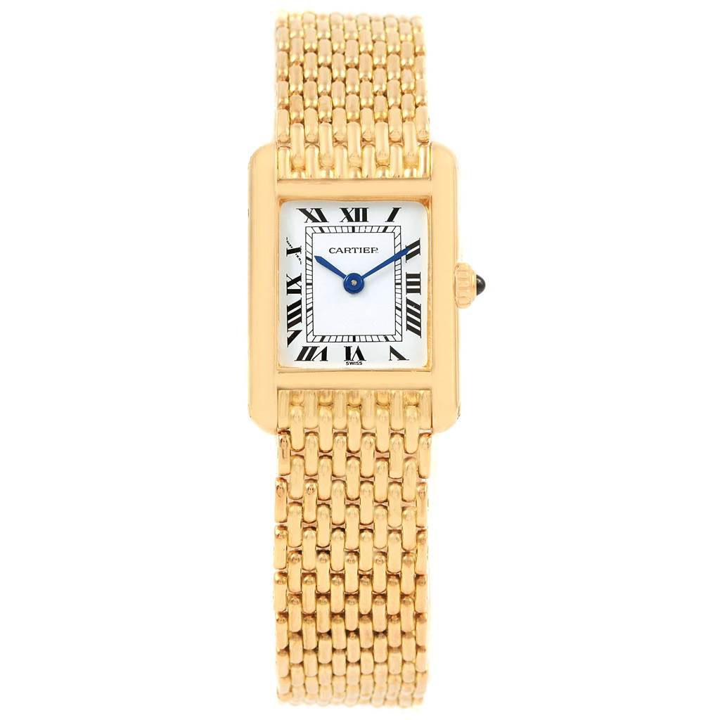 The image shows a Cartier Tank Classic Women's Yellow Gold White Dial Women's Yellow Gold White Dial model watch from a front angle, displaying its face and gold strap.