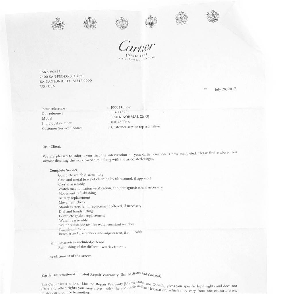 This image shows a service completion letter for a Cartier Tank Classic Women's Yellow Gold White Dial Women's Yellow Gold White Dial model watch, detailing the work done.