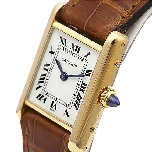 The image shows a side angle view of the Cartier Tank Classic Women's Yellow Gold White Dial Women's Yellow Gold White Dial watch, displaying its face, crown, and leather strap.