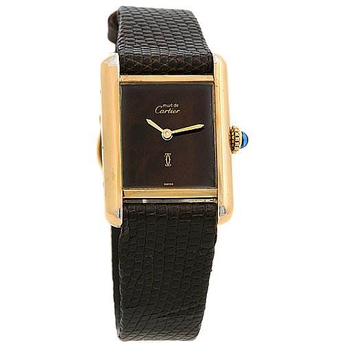 This image shows a frontal view of a Cartier Tank Classic Women's Yellow Gold Brown Dial Women's Yellow Gold Brown Dial watch, highlighting its rectangular case, dial, and leather strap.