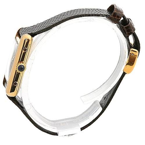 The image shows a side view of the Cartier Tank Classic Women's Yellow Gold Brown Dial Women's Yellow Gold Brown Dial watch, focusing on the watch case, crown, and part of the leather strap.