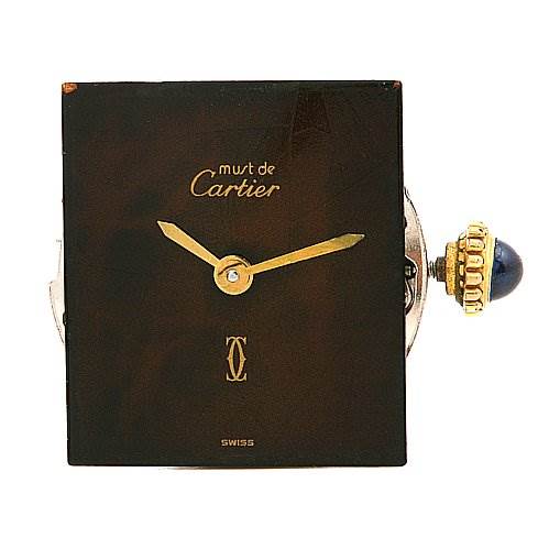 The image shows a frontal view of the Cartier Tank Classic Women's Yellow Gold Brown Dial Women's Yellow Gold Brown Dial watch face and crown with a cabochon stone.