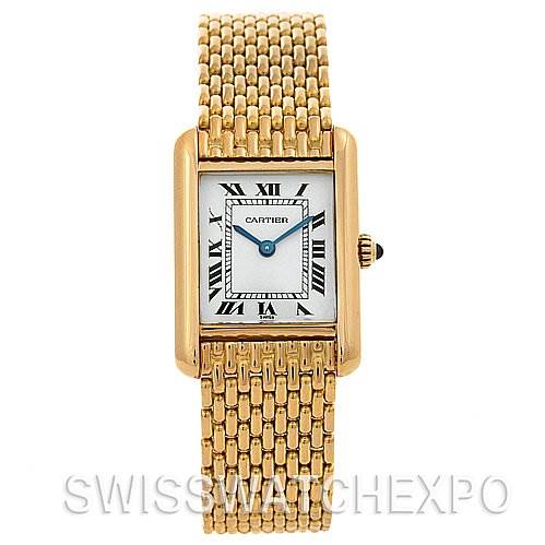 The image shows a front view of the Cartier Tank Classic Women's Yellow Gold White Dial Women's Yellow Gold White Dial watch with its gold case and bracelet.