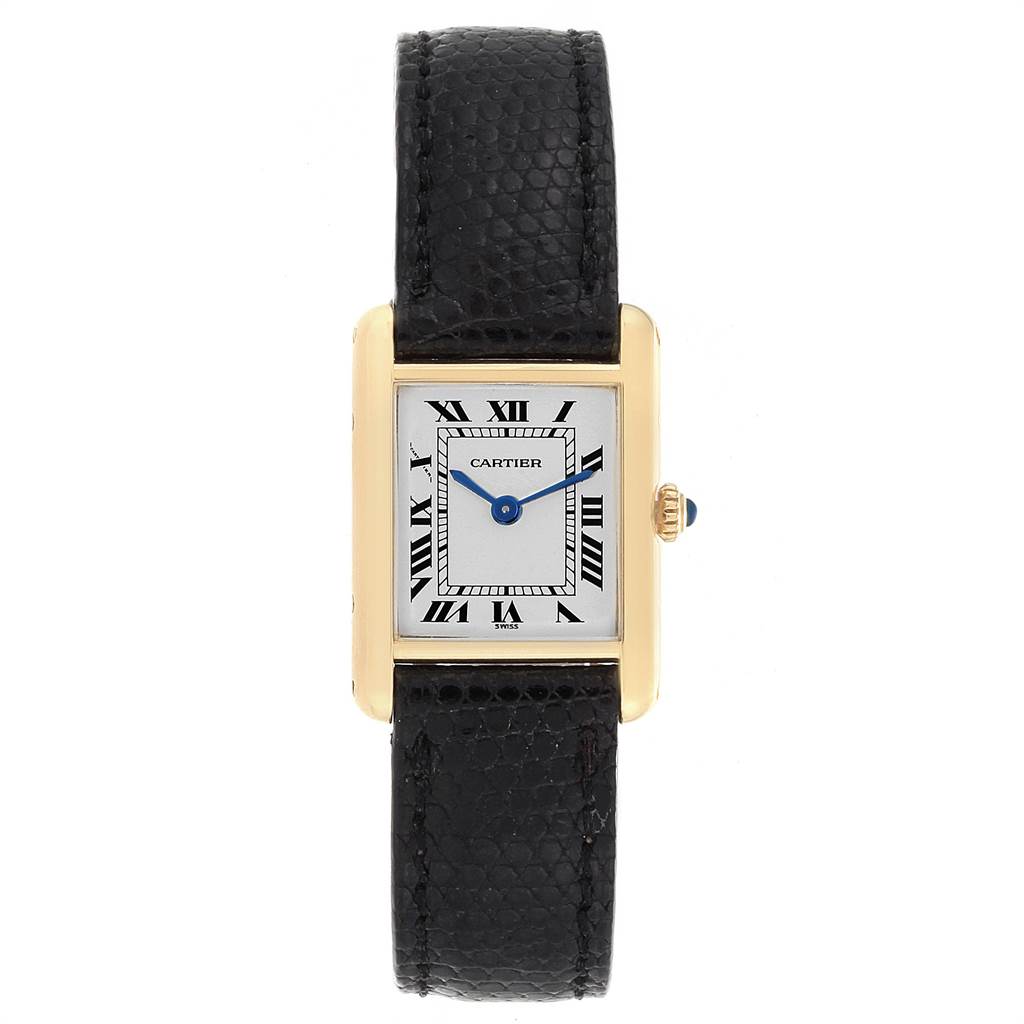 The image shows a Cartier Tank Classic Women's Yellow Gold White Dial Women's Yellow Gold White Dial watch with a black leather strap and gold rectangular case from a front view.