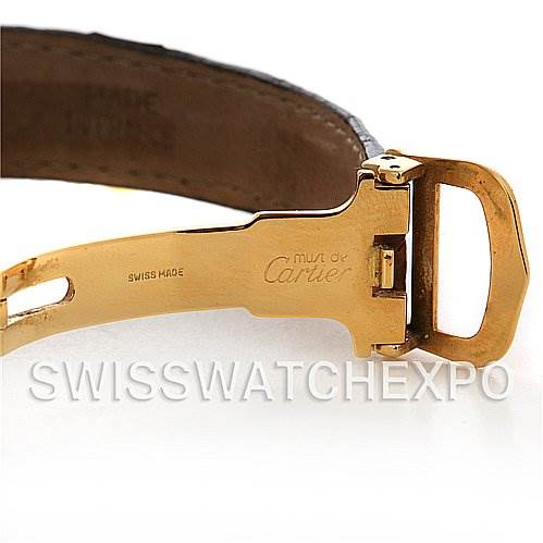 Close-up of the clasp mechanism and part of the leather strap for the Cartier Tank Classic Women's Yellow Gold White Dial Women's Yellow Gold White Dial watch.