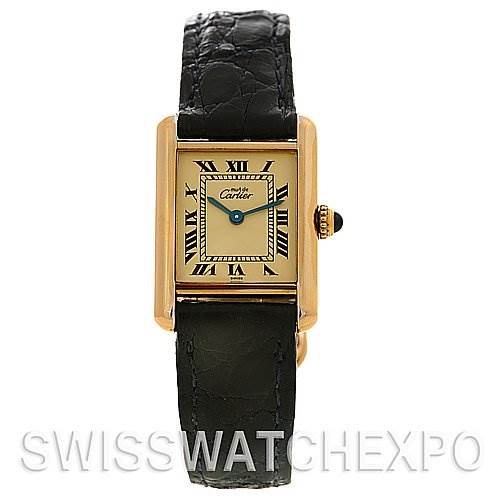 This image shows a front view of the Cartier Tank Classic Women's Yellow Gold Beige Dial Women's Yellow Gold Beige Dial watch, highlighting its face, crown, and black leather strap.