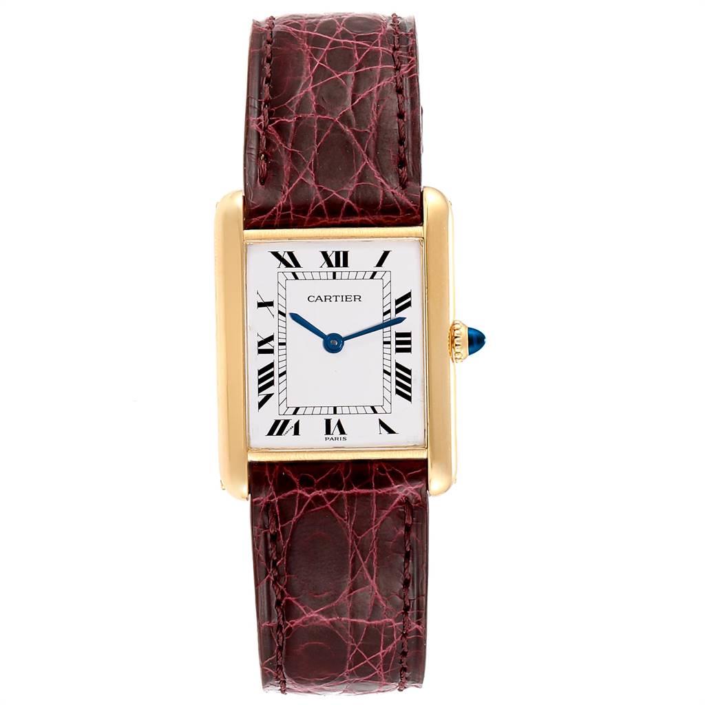 The Cartier Tank Classic Women's Yellow Gold White Dial Women's Yellow Gold White Dial model watch is shown from a front angle, displaying the face, Roman numerals, case, and leather strap.