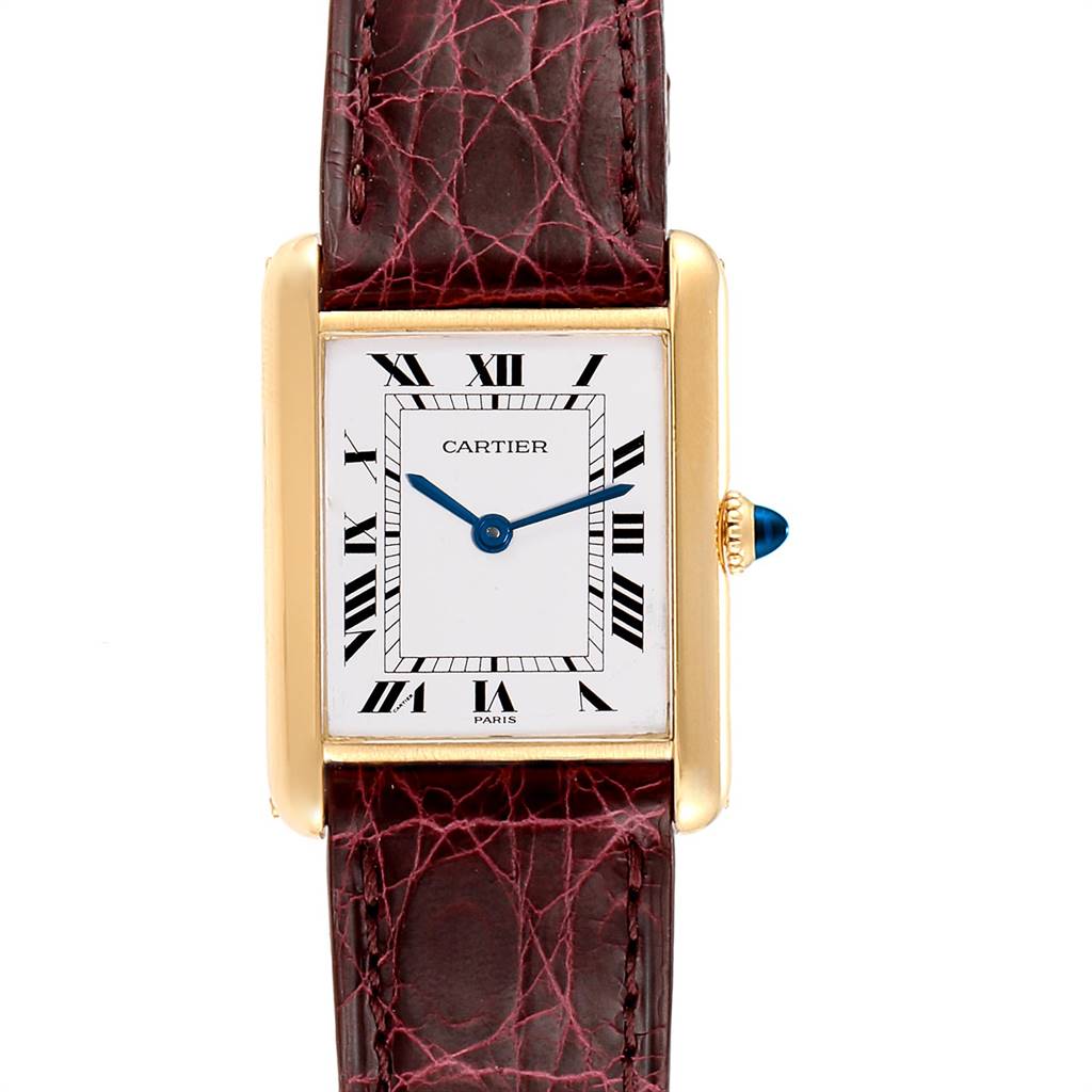 This image shows a front view of the Cartier Tank Classic Women's Yellow Gold White Dial Women's Yellow Gold White Dial watch, highlighting its rectangular face, Roman numerals, and leather strap.