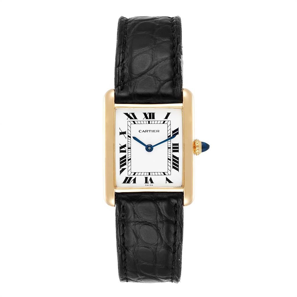 The image shows a Cartier Tank Classic Women's Yellow Gold White Dial Women's Yellow Gold White Dial watch, viewed from the front, displaying its face, case, and straps.