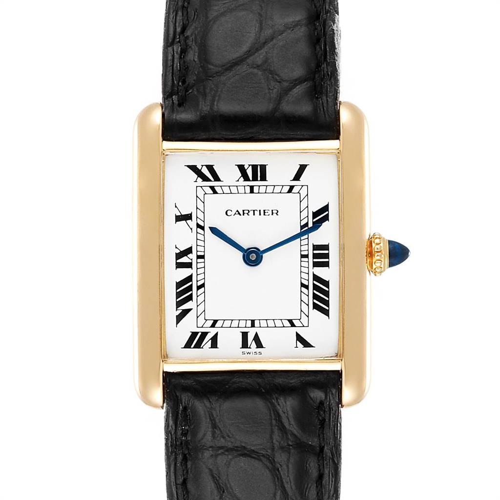 The image shows a Cartier Tank Classic Women's Yellow Gold White Dial Women's Yellow Gold White Dial model watch at a front angle, featuring the dial, gold case, and black leather strap.