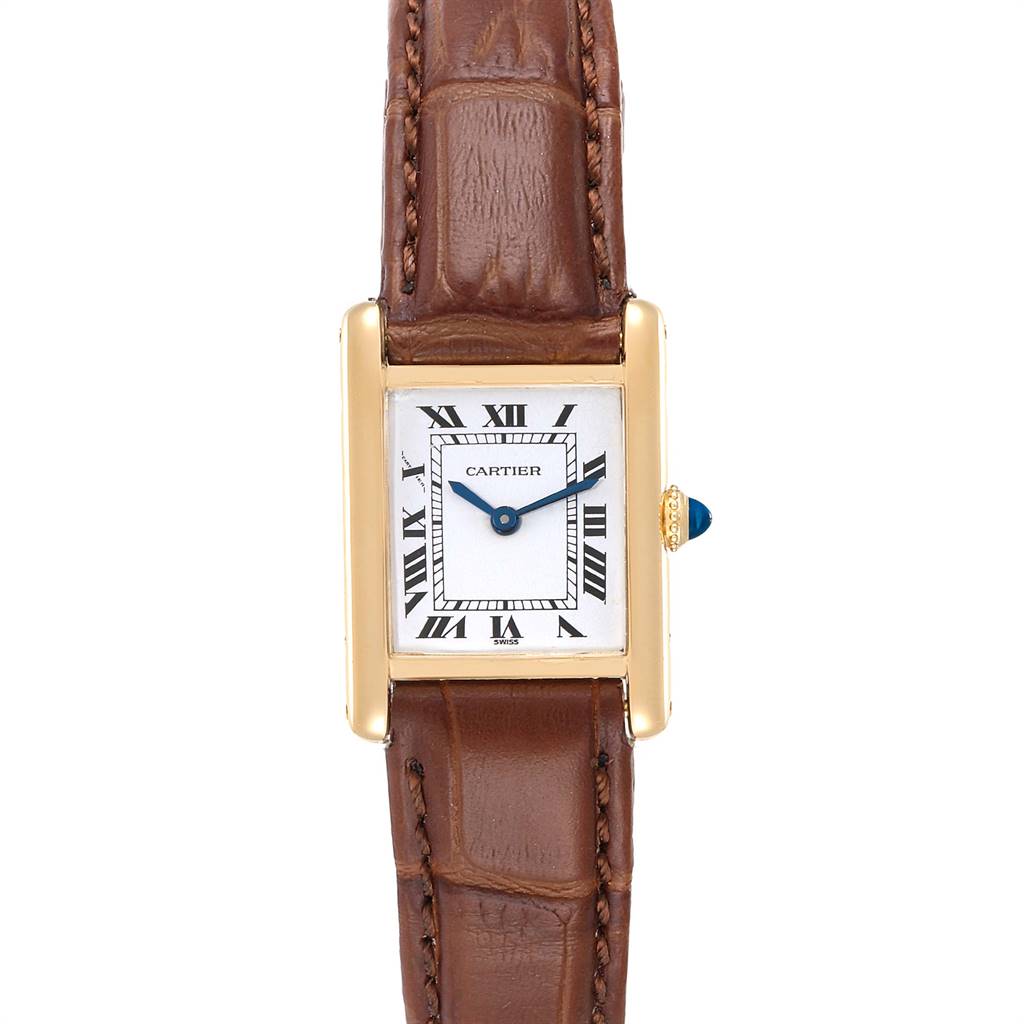This image shows the front view of a Cartier Tank Classic Women's Yellow Gold White Dial Women's Yellow Gold White Dial watch with a brown leather strap and gold case.