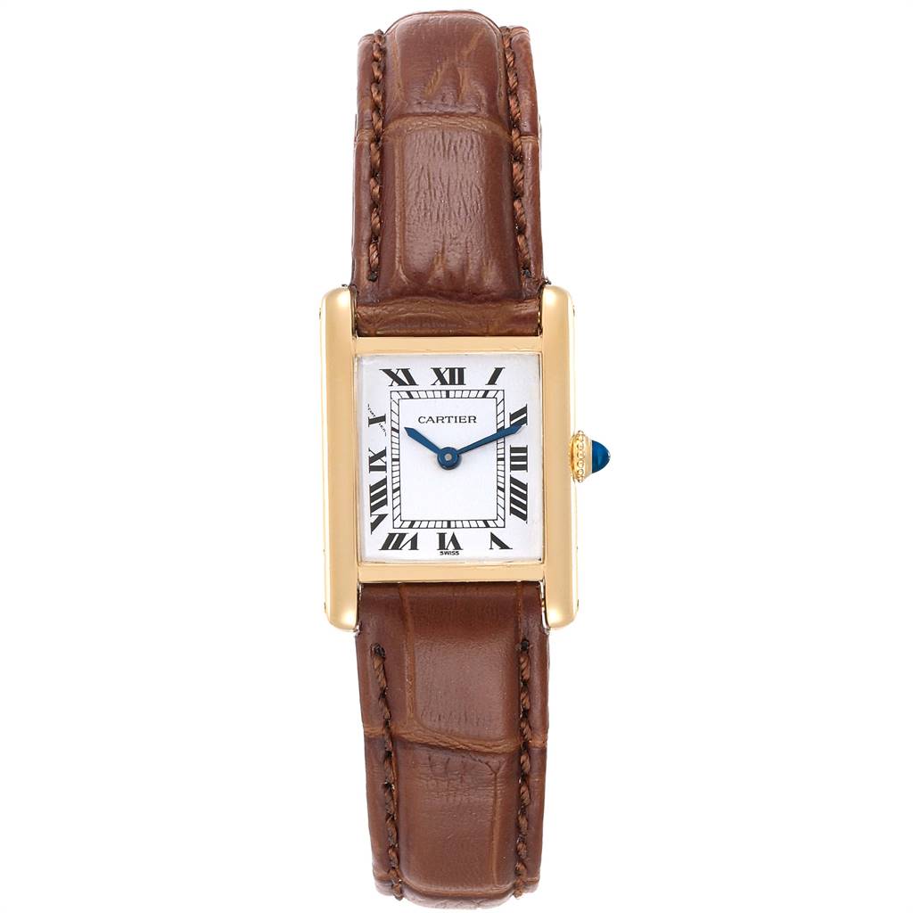 This is a front view of the Cartier Tank Classic Women's Yellow Gold White Dial Women's Yellow Gold White Dial watch showing the face, bezel, and leather strap.