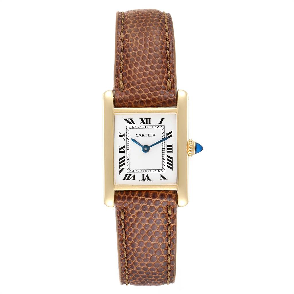 The image shows a Cartier Tank Classic Women's Yellow Gold White Dial Women's Yellow Gold White Dial watch from a front view, highlighting the face, casing, and strap.